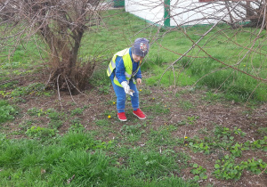 Filip sprząta najbliższą okolicę przedszkola.